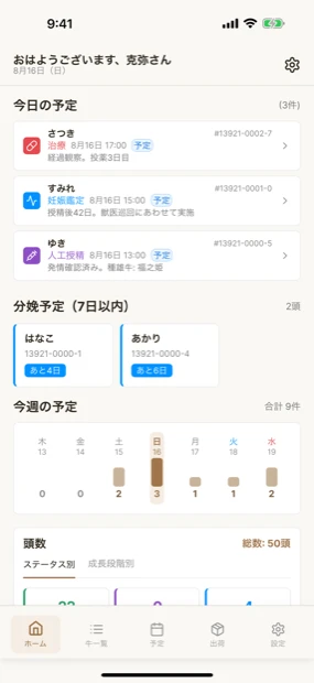 ギュウリストのホーム画面。今日の予定と分娩予定が一覧で並ぶ